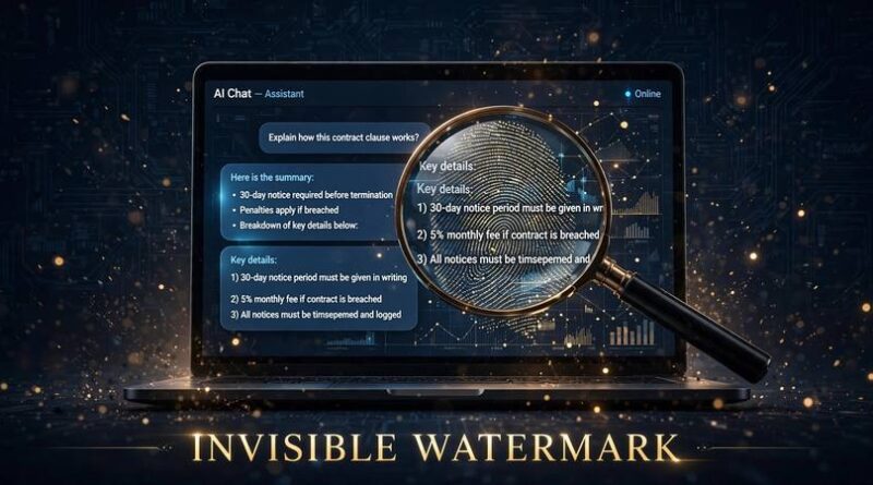 Laptop screen showing an AI chat summary with a magnifying glass revealing a fingerprint pattern, illustrating ChatGPT's invisible textGrain watermark