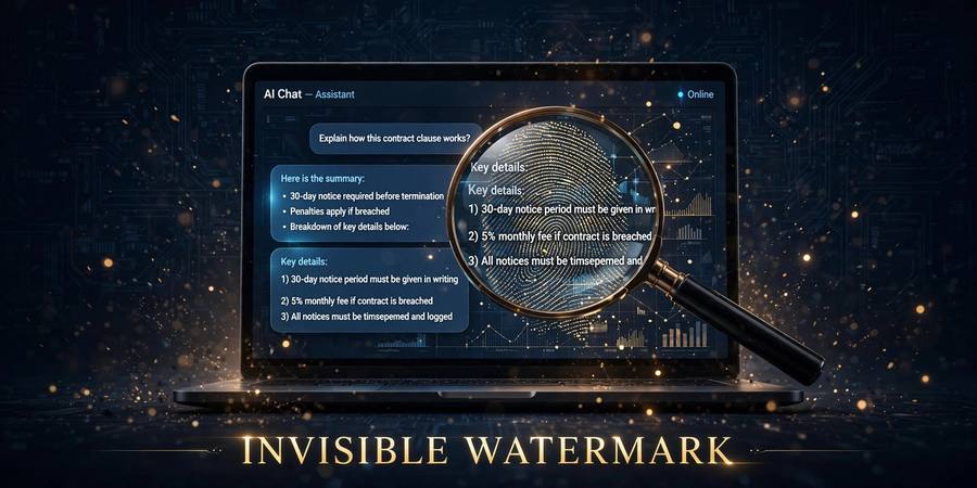 Laptop screen showing an AI chat summary with a magnifying glass revealing a fingerprint pattern, illustrating ChatGPT's invisible textGrain watermark