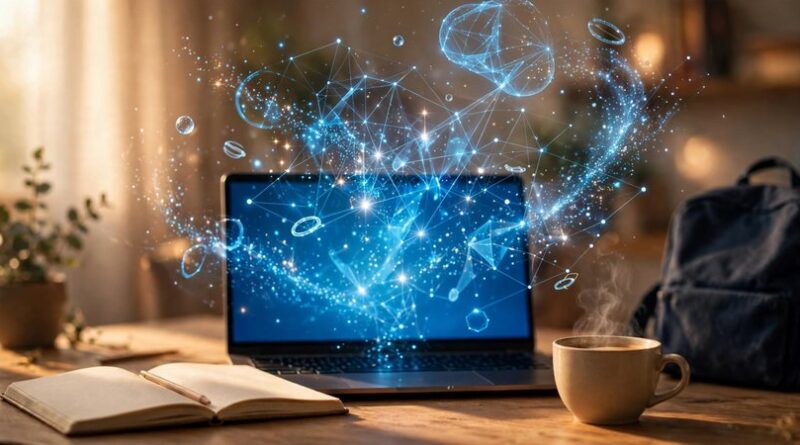 Laptop on a study desk with a glowing blue neural network hologram rising from the screen, illustrating free AI tools for students