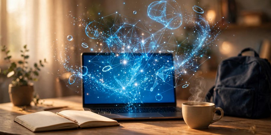 Laptop on a study desk with a glowing blue neural network hologram rising from the screen, illustrating free AI tools for students