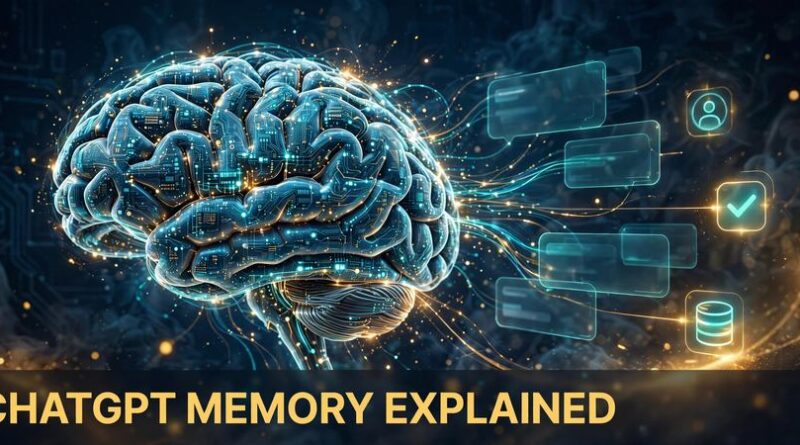Digital illustration of a glowing blue brain with circuit patterns and chat interface icons representing ChatGPT memory