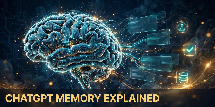 Digital illustration of a glowing blue brain with circuit patterns and chat interface icons representing ChatGPT memory
