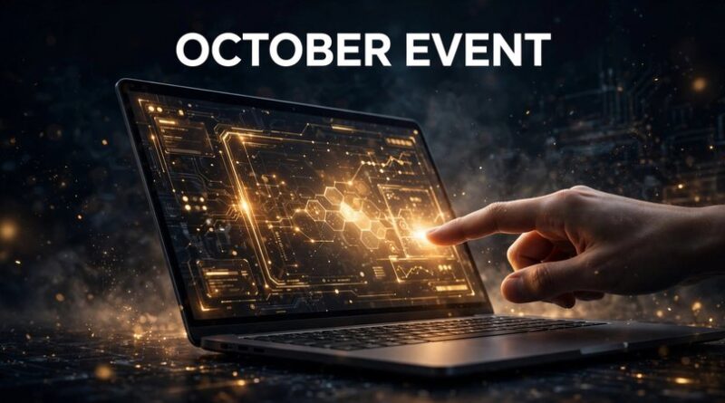 Illustration of a laptop with touchscreen display glowing for Apple's October 2026 event