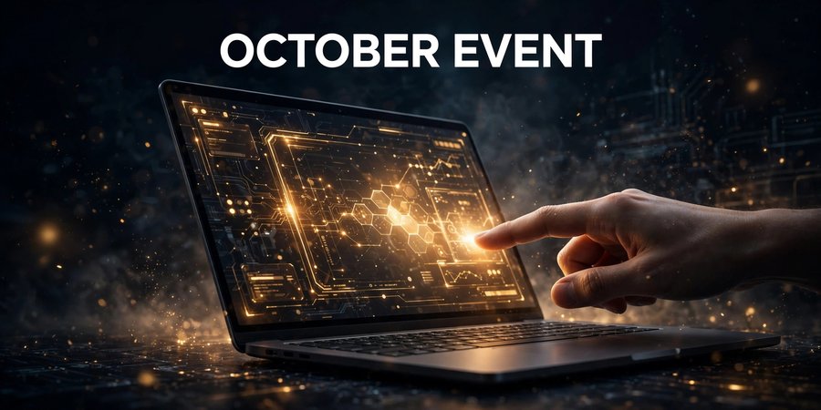 Illustration of a laptop with touchscreen display glowing for Apple's October 2026 event