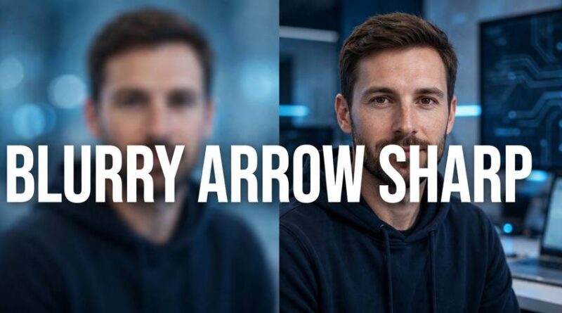 Split comparison of a blurry portrait photo versus the same photo enhanced to sharp clarity, illustrating AI tools that fix blurry photos