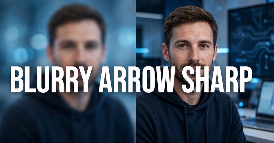 Split comparison of a blurry portrait photo versus the same photo enhanced to sharp clarity, illustrating AI tools that fix blurry photos