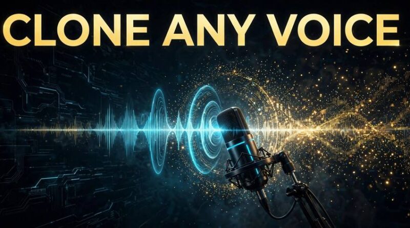 Graphic with gold text 'Clone Any Voice' over blue audio waveforms and a microphone, illustrating AI voice cloning with ElevenLabs
