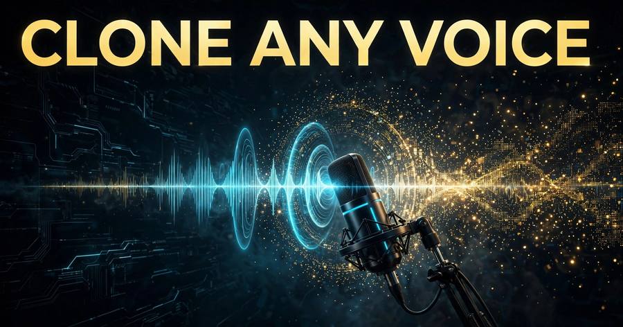 Graphic with gold text 'Clone Any Voice' over blue audio waveforms and a microphone, illustrating AI voice cloning with ElevenLabs