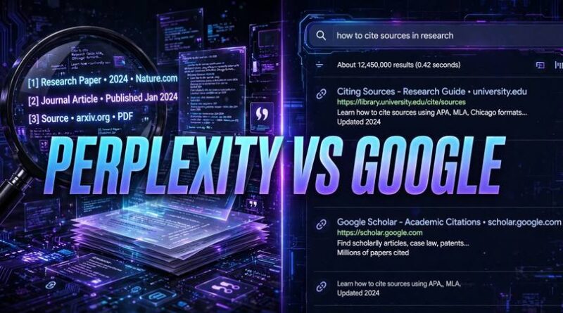 Perplexity vs Google comparison graphic showing a search interface with research citations and a magnifying glass