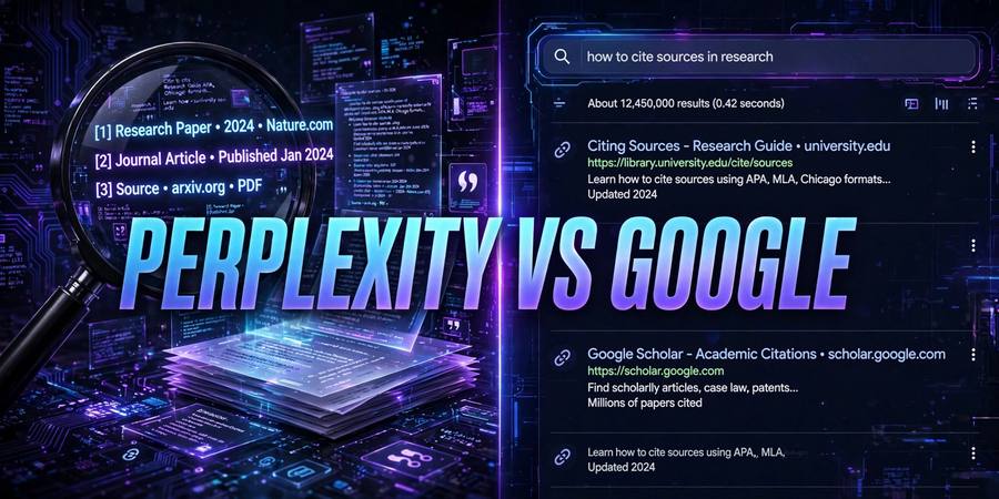 Perplexity vs Google comparison graphic showing a search interface with research citations and a magnifying glass